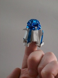 Mini Origami R2-D2, folded from a 6 inch square of paper-backed foil